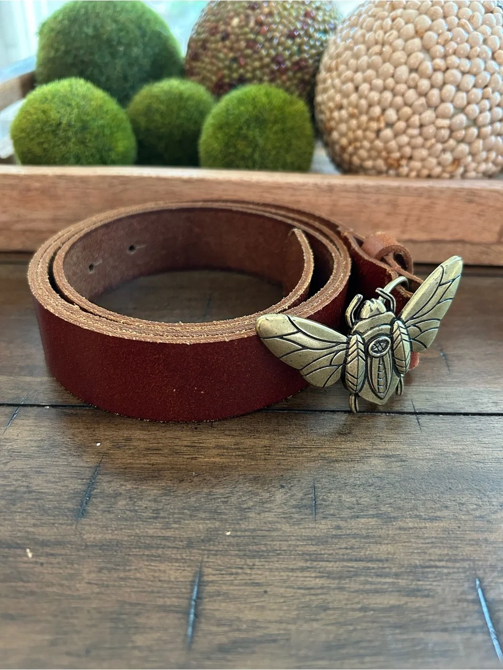 Women's Tan Leather Belt with Gold Bee Buckle